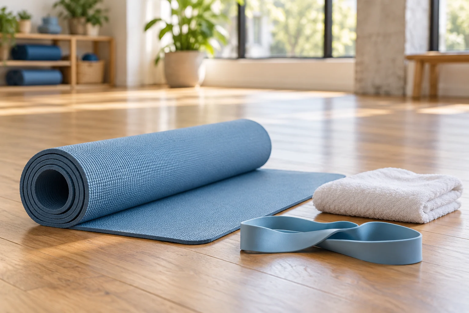 A soft blue exercise mat, light resistance band, and folded towel in a bright studio